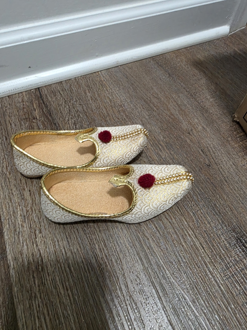 Embellished Ivory & Gold Kids Slip-On Flats with Red Pom Accent Indian